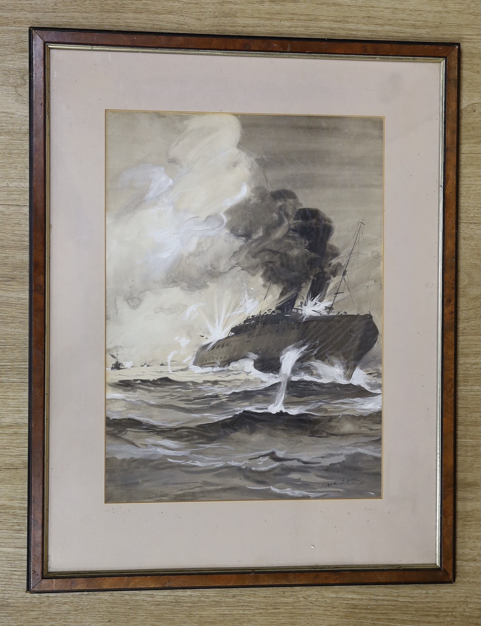 George Soper (1870-1942), watercolour and gouache on paper, Merchant ship under attack, signed, 40 x 29cm